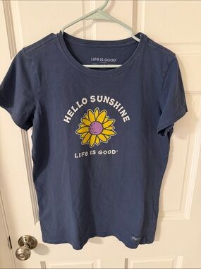 Life is Good Women’s  "Hello Sunshine" Sunflower Graphic Tee Navy Blue Size M